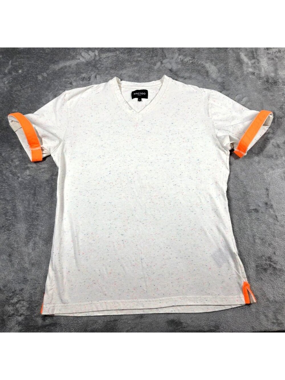 Maceoo Shirt Mens Large 4 White Speckled Orange Flourescent Roll Tab Sleeve